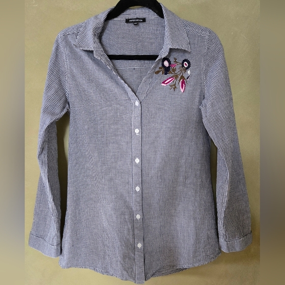 Paper Moon | Blue and White Checkered Blouse with Embroidery, Size S - Picture 1 of 5